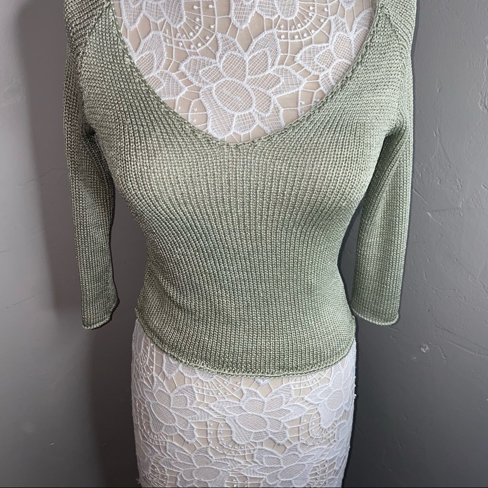 FREE PEOPLE || shiny green knit off the shoulder 3/4 sleeve top small